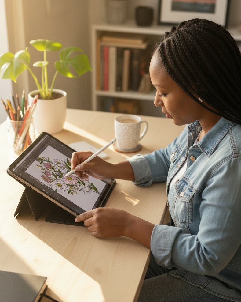 Woman using a digital tablet with a stylus at a desk in a home office setting.