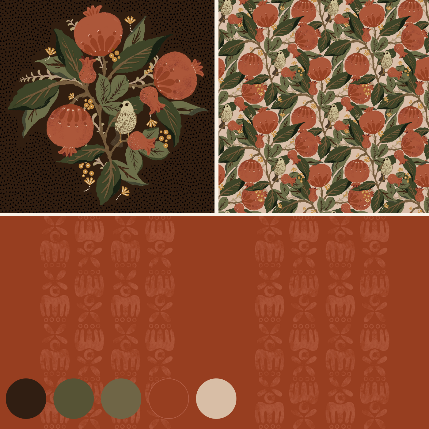 Collage of pomegranate patterns with color swatches on a brown background