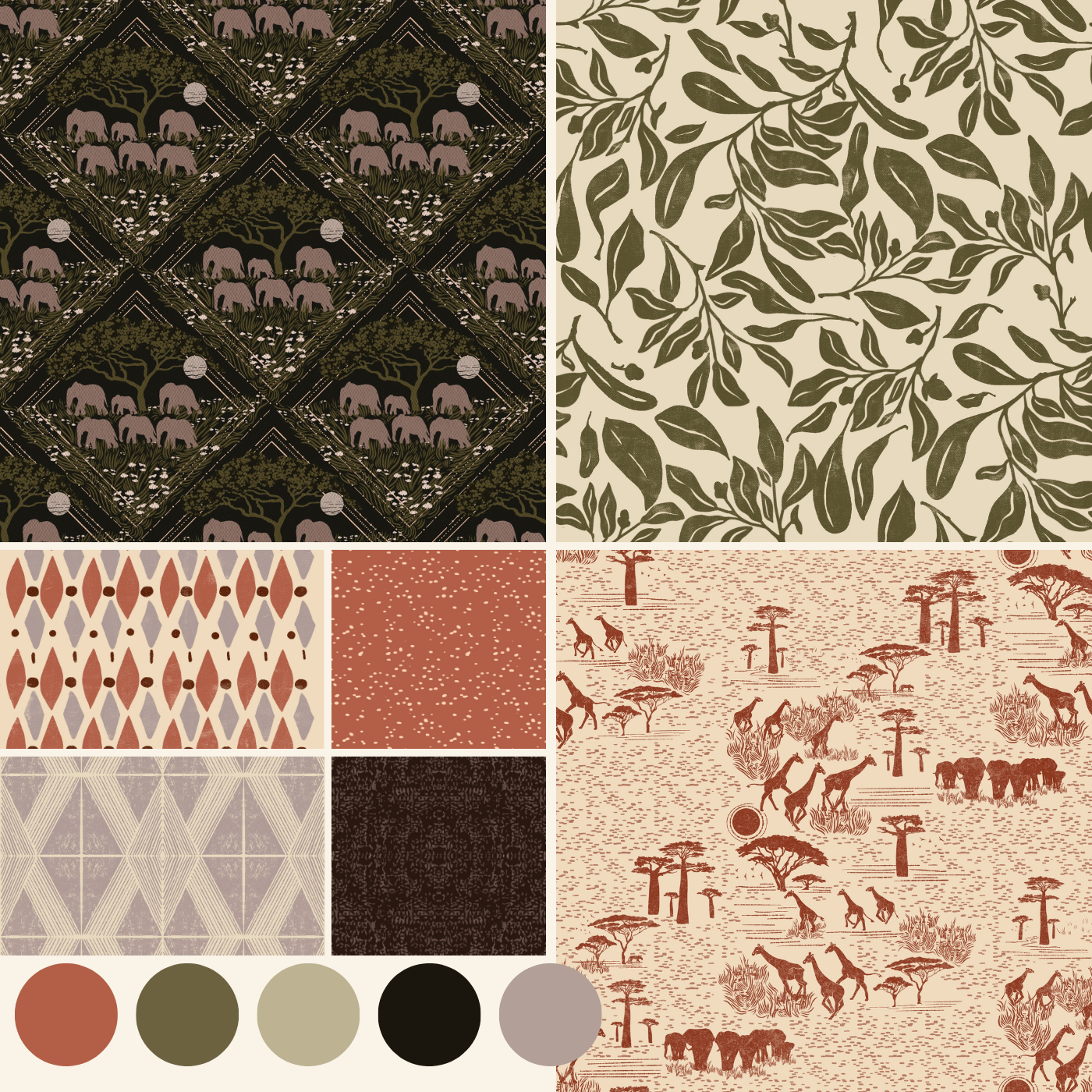 Collection of various patterned designs with color swatches.