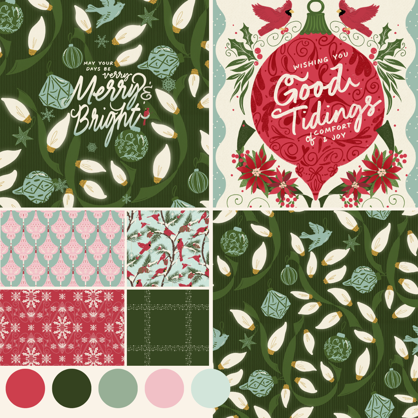 Collage of Christmas-themed patterns with festive text and colors.