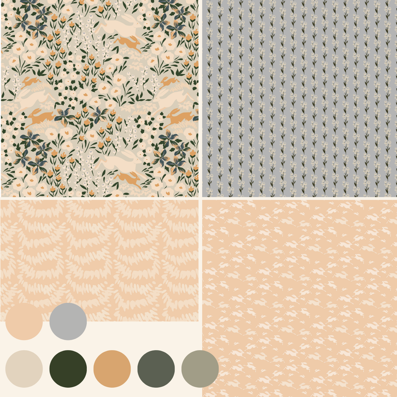 Collection of four fabric patterns with color swatches below.