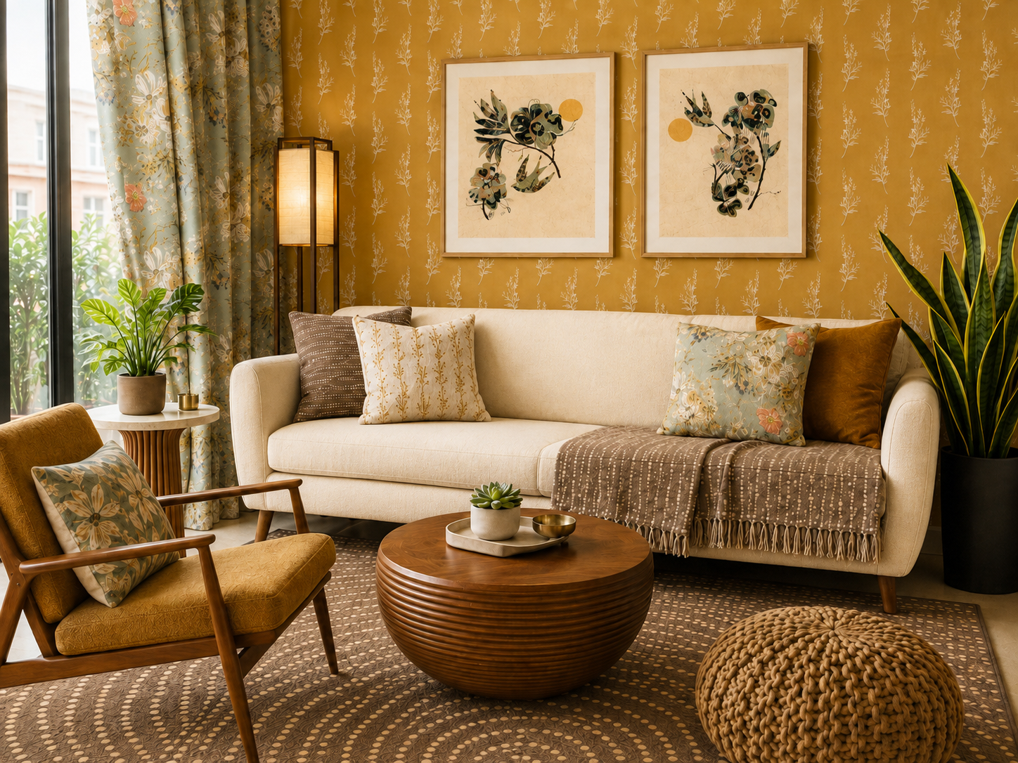 A styled living room featuring a cream sofa with patterned and solid throw pillows, a round wooden coffee table, a mustard yellow armchair, and a textured brown pouf, set against a backdrop of patterned mustard wallpaper and two framed botanical prints.
